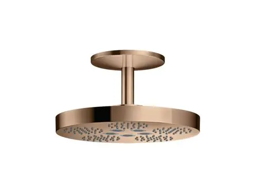 Kopfbrause mit Deckenanschluss in Polished Red Gold, ausgestattet mit zwei Strahlarten, von der Marke AXOR, montiert an einer runden Halterung.